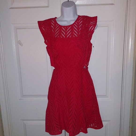 New $129 BARDOT Kira Red Eyelet Frill Dress Size 8 M Sexy Cutout Short - Picture 2 of 7